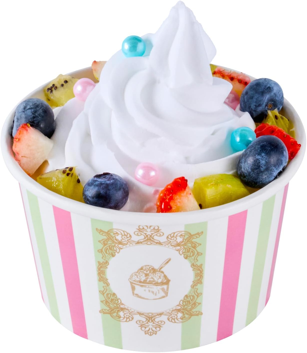 Coppetta 8 Ounce Dessert Cups, 200 Greaseproof Ice Cream Cups - Lids Sold Separately, For Hot And Cold Foods, Green And Pink Stripe Paper Yogurt Bowls, Disposable, Sturdy - Restaurantware