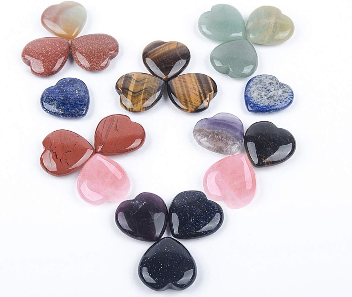 JIC Gem 20 pcs Mixed Crystal Heart Stones Heart Shape Chakra Stones 30mm Reiki Balancing Hand Carved Polished Palm Worry Stone Gift Jewelry Making and Collection