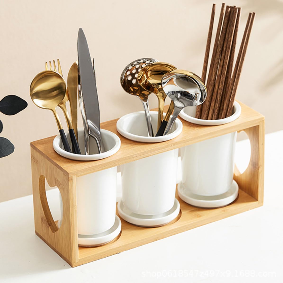 HEMOTON Organisateur de Couverts Design Délicat et Fonctionnel en Céramique Support en Bois, 3 Compartiments Égouttoir, Résistant Cuisine
