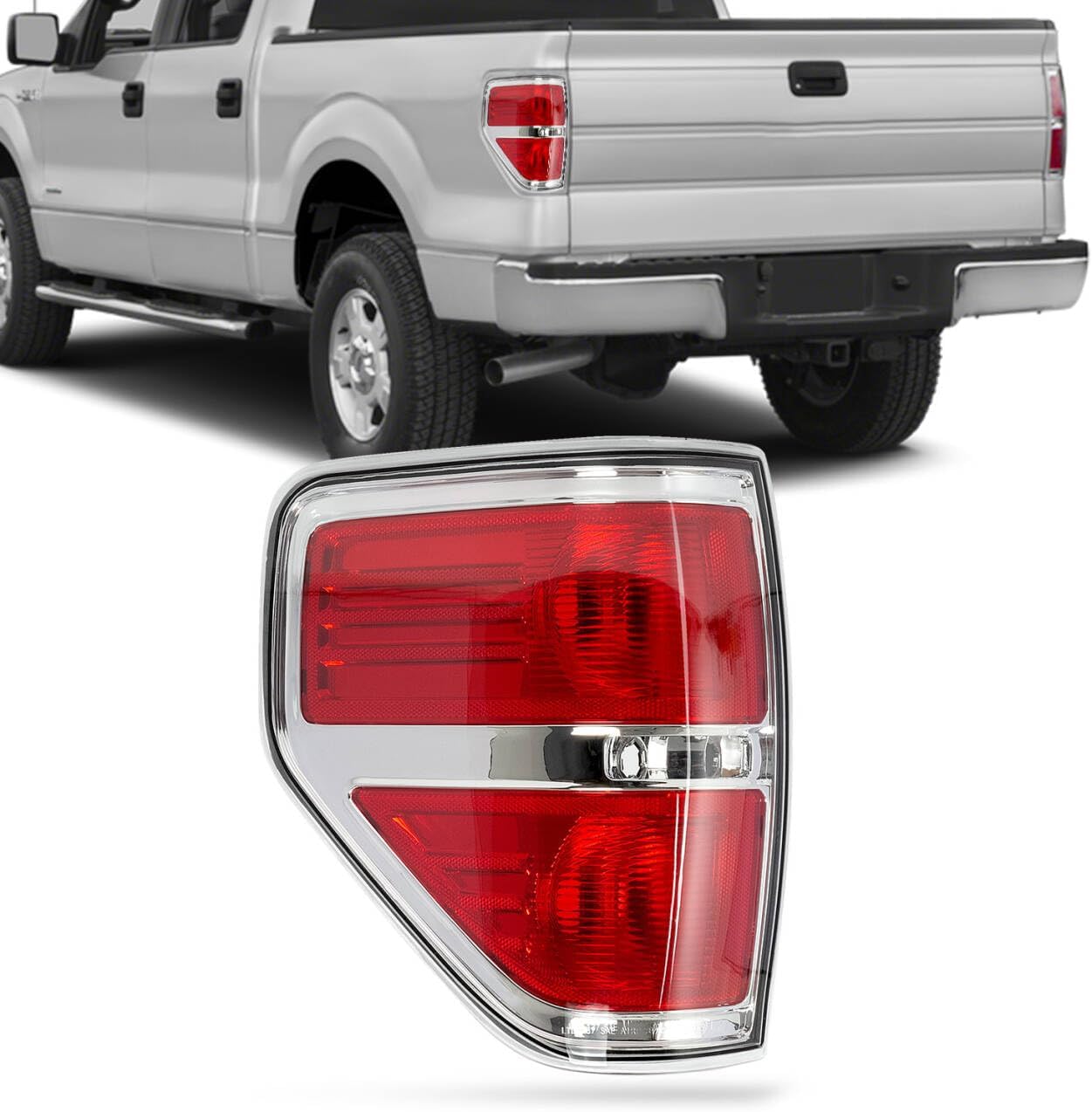RANSOTO F150 Right Tail Light Compatible With Ford F-150 2009 2010 2011 2012 2013 2014 Chrome Trim Passenger Side Rear Brake Lamp Taillight