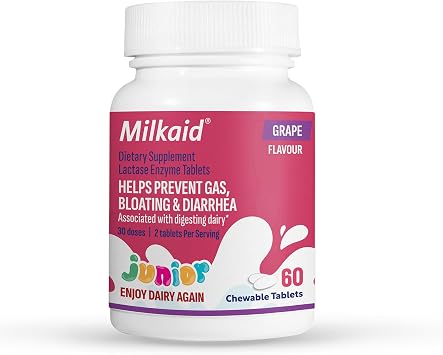 Milkaid Junior Lactase Enzyme Chewable Tablets for Lactose Intolerance | Prevents Gas, Bloating, Diarrhea in Children| Fast Acting Dairy Digestive Supplement for Kids| 60 ct 60 Tablets, Grape