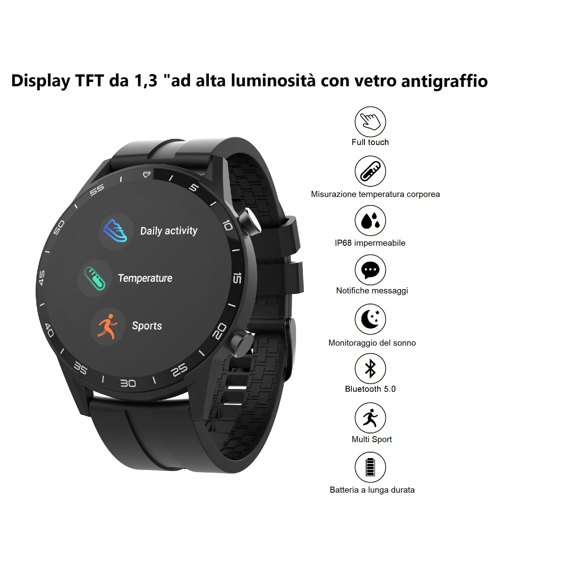 Smartwatch Uomo Donna The Artists Milano, impermeabile IP68, frequenza cardiaca, temperatura corporea, attività sportiva, contapassi e calorie, notifiche social e meteo, batteria a lunga durata