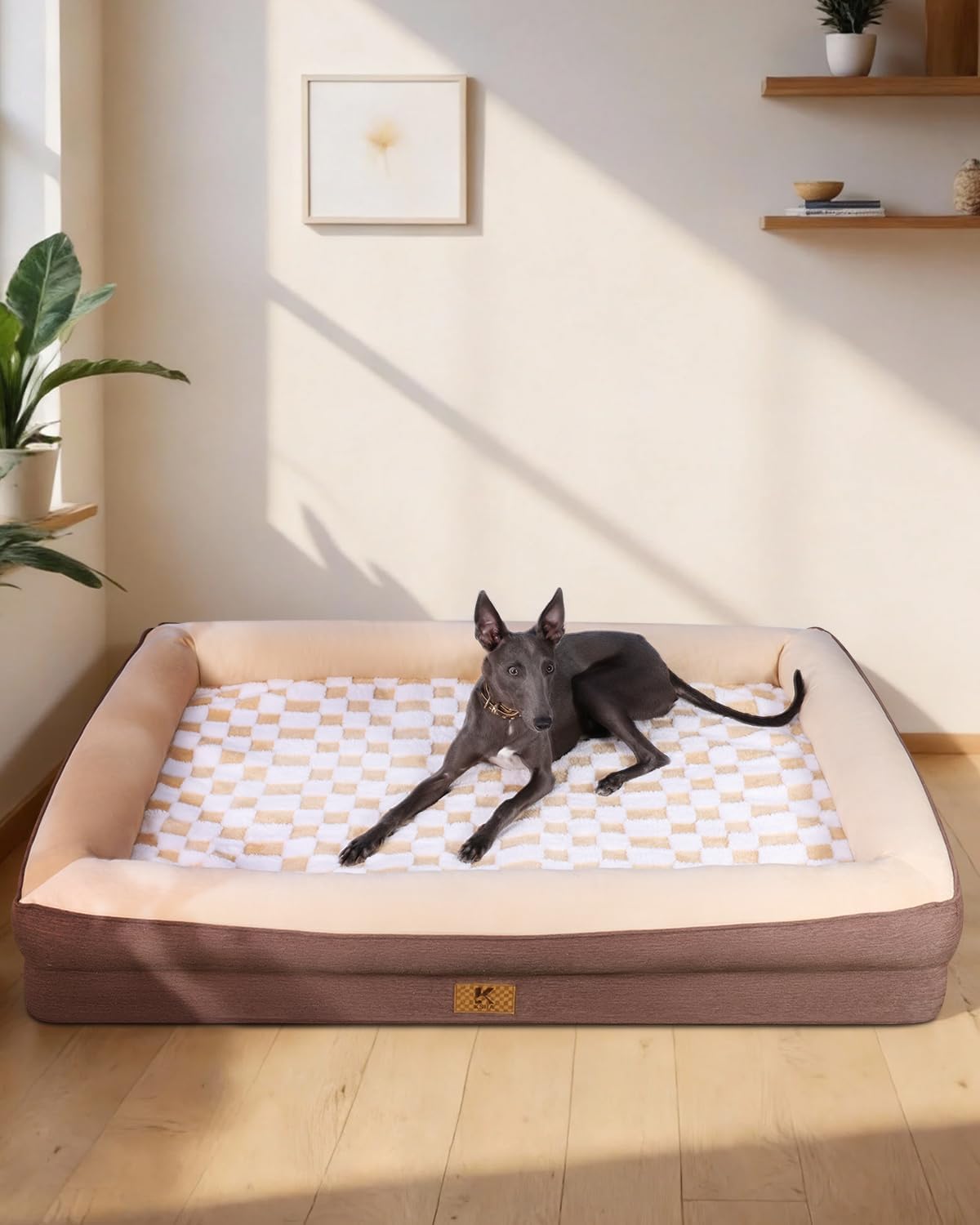 KSIIA Big Dog Bed for Large Dogs, Orthopedic Egg-Crate Memory Foam Pet Bed with Sides, Waterproof Lining and Non Slip Pet Couch with Removable Washable Cover, 36 x 27 Inch, Brown
