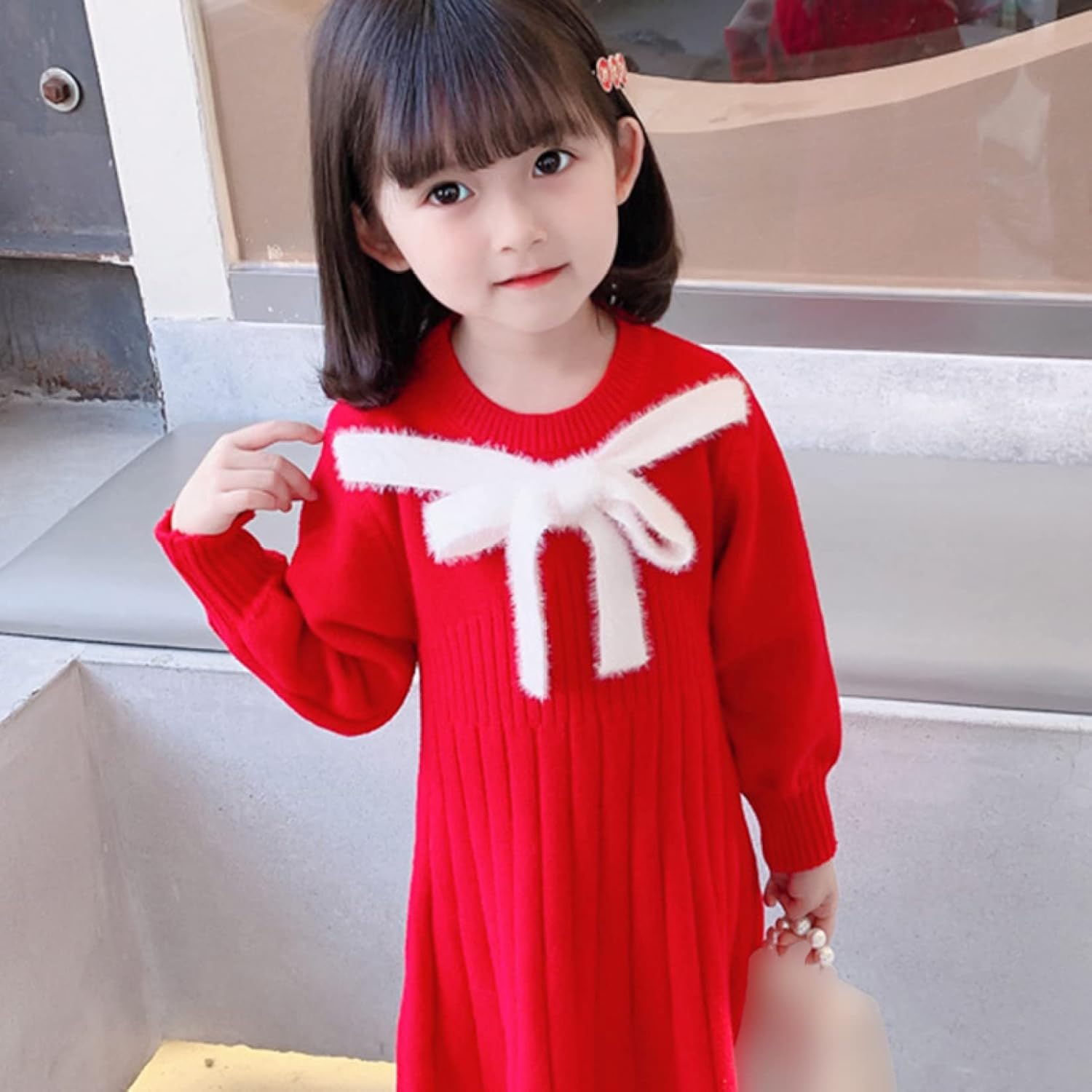 [KAPE1] ワンピース 子供 女の子 秋冬 長袖 ニット 膝丈 ゆったり 折り襟 ネクタイ付き 可愛い ニットワンピース キッズ