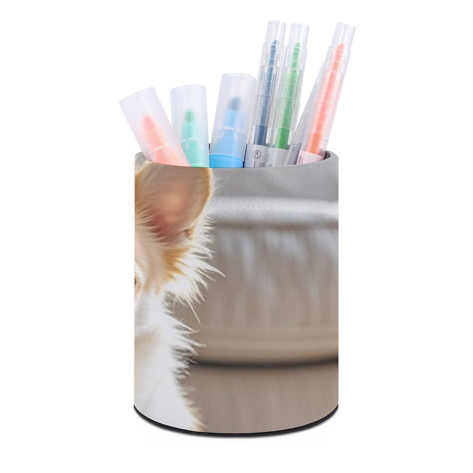 FekiLoot PU Leather Round Pen Holder Cute Chihuahua Pencil Holder Desk Organizer Pen Organizer Pen Cup Pencil Cup Caddy Desktop Stationery Organizers for Office Home Supplies