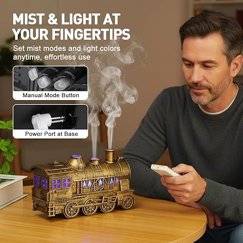 Miniatura 6 de Humidificador de tren navideño 2026, salida de niebla dual, difusor de niebla fría con capacidad de 10.1 fl oz para dormitorio, oficina, escritorio