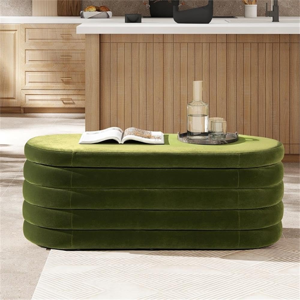 Pemberly Row 49" Upholstered Oval Storage Bench, Olive Green Velvet, Horizontal Tufted Performance Fabric, Hinged Lid, Hidden Storage, Mid-Century Modern Style, Living Room, Bedroom, or Entryway