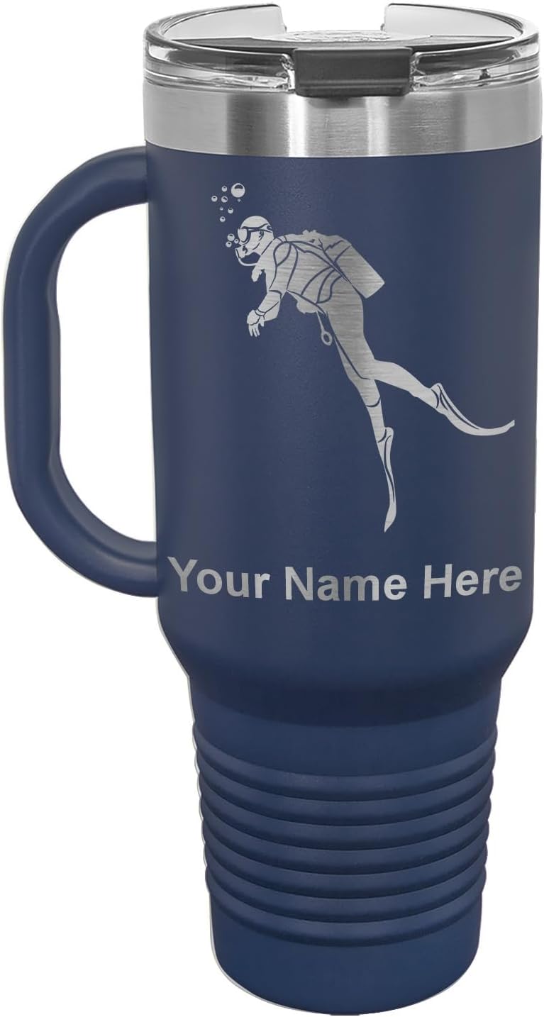 LaserGram 40oz Vacuum Insulated Travel Mug with Handle, Scuba Diver, Personalized Engraving Included (Navy Blue)
