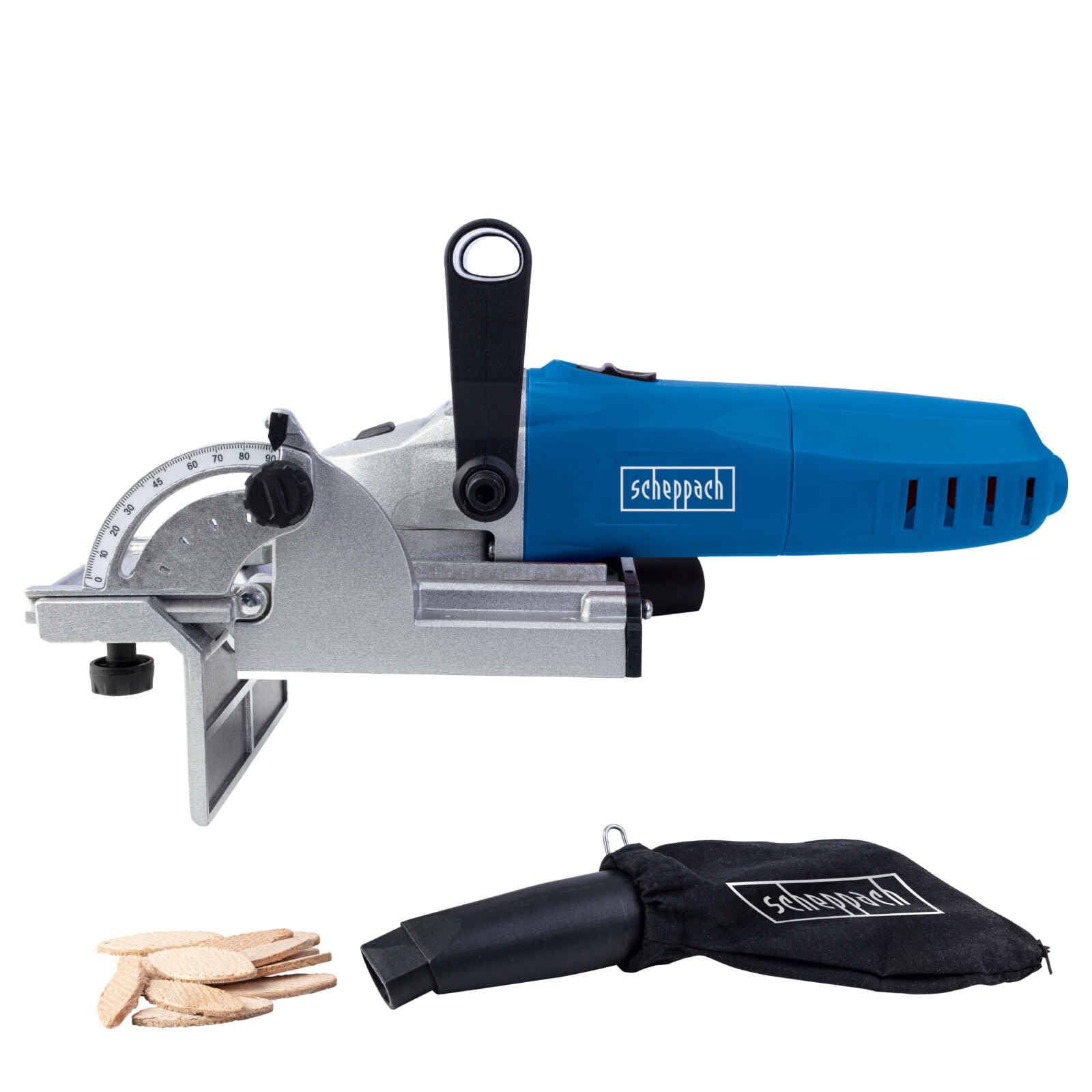 Scheppach Flachdübelfräse BCJ900 Nutfräse Fräsmaschine inkl. 60 Flachdübel & Staubbeutel | 900W Leistung | Nuttiefe max. 18mm | Nutbreite 4mm | Schneidscheiben-Ø 100mm | Schneidscheibenbohrungs-Ø 22mm