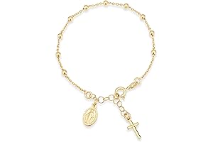 18K Gold Over Sterling Silver Italian Rosary Cross Bead Charm Link Chain Bracelet for Women
