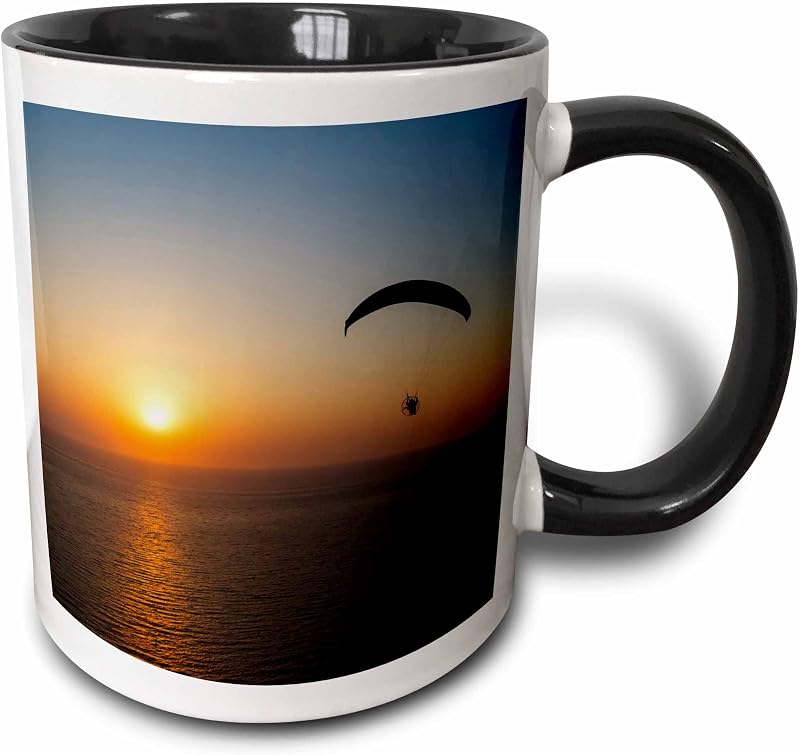 3dRose Paramotor volando al atardecer, mar Egeo, oeste de Turquía 11 oz Taza negra bicolor