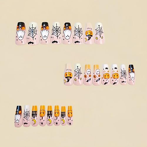 Miniatura 120 de Uñas postizas a presión de Halloween, cuadradas, medianas, con diseños de telaraña, parches coloridos, punta francesa, uñas acrílicas, uñas