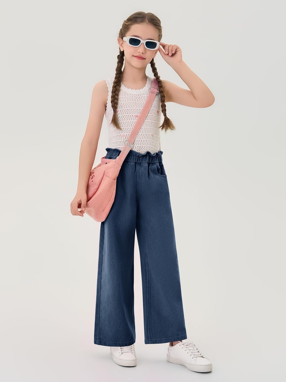 Haloumoning Girls Cute Wide Leg Flared Jeans Kids Oversized Elastic Waist Paper Bag Pants with Pockets 5-14 Years - Image 4