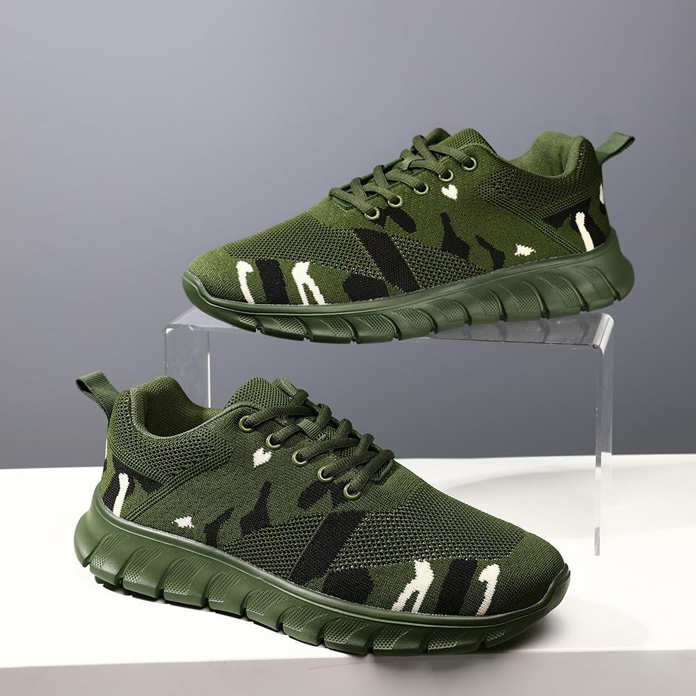 FUJEAK Men's Running Shoes | Lightweight Non-Slip Athletic Sneakers for Hiking Tennis Jogging & Work | Comfortable Cushioned Multifunctional Trainers Camou_Green Size 8.5