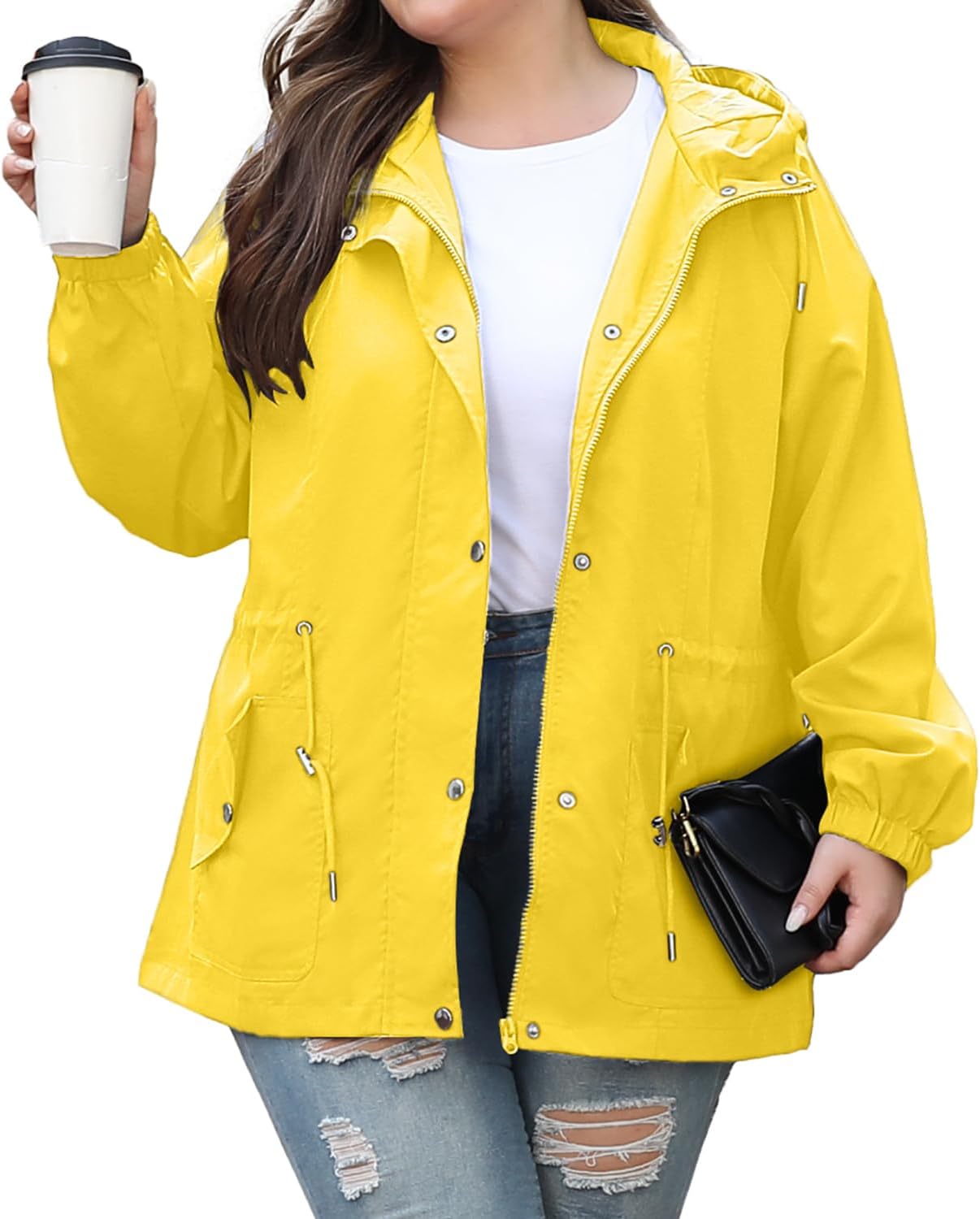 Bloggerlove XL-5XL Women Plus Size Rain Jacket Lightweight Raincoat with Hood Waterproof Outdoor Windbreaker