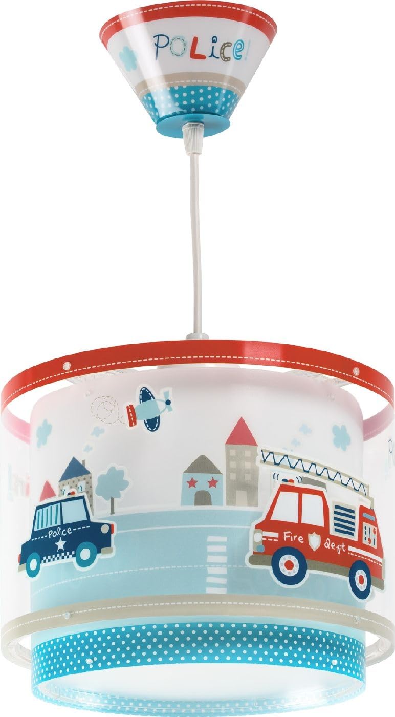 Dalber Lámpara Techo Colgante Infantil Polica y Bomberos Azul 60612M E27 | Incluye difusor de luz inferior extraible; Habitación Niño; coches y bomberos