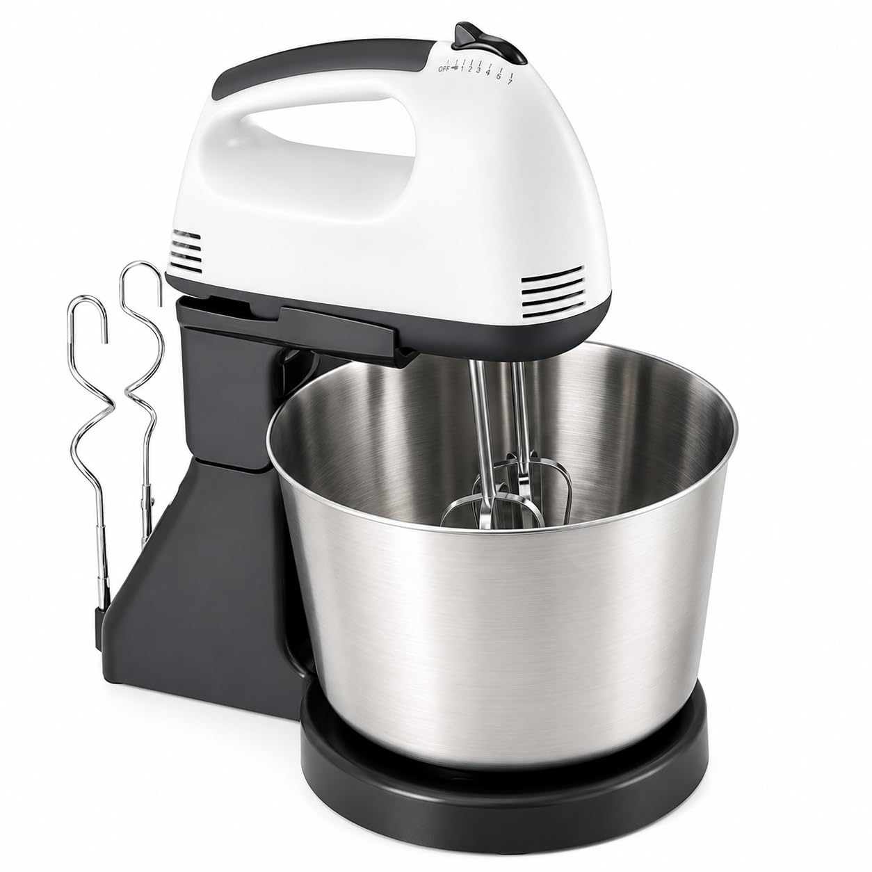 Batidora de pie de 7 velocidades con cuenco de acero inoxidable de 2 L, gancho de masa y batidor de alambre, batidora de mano de cocina para hornear, pasteles y amasar