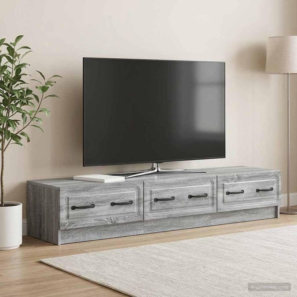 Szafka TV Sonoma szara z materiału drewnopochodnego, 147 x 34,5 x 27 cm, niska szafka z 3 szufladami, miejsce do przechowywania telewizora, odbiornika, konsoli do gier i aranżacji salonu