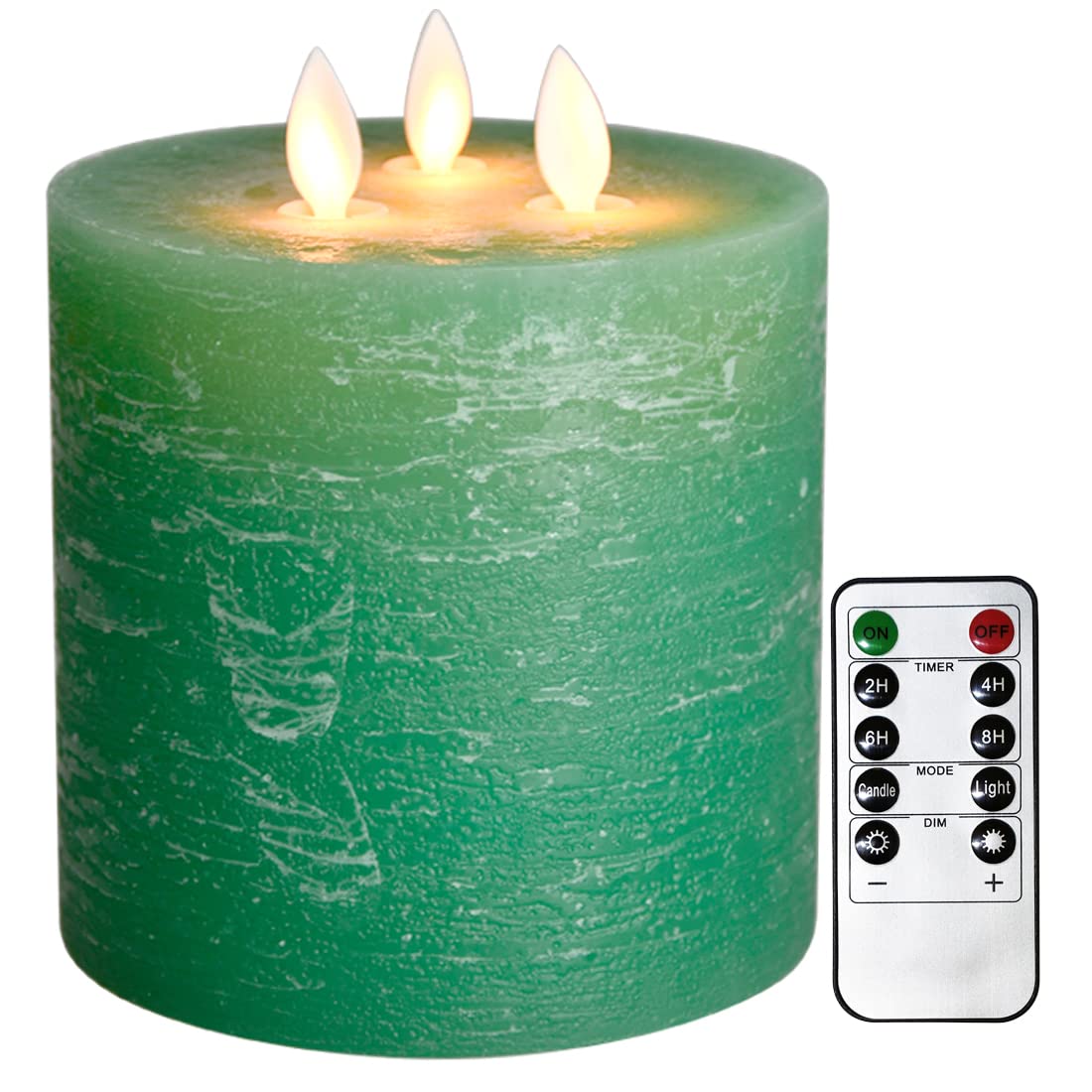 TELOSMA 3-Moving Wick Large Flameless Pillar Candles with Remote Control and Dimmer Flickering Function, Battery Operated Flat Top in Green
