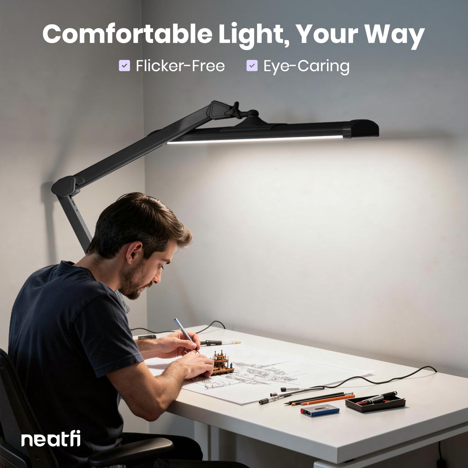 Neatfi Lampe de Bureau LED 3 500 Lumens – Lampe de Travail Dimmable 45W | 3 Modes d’Éclairage | 540 LED SMD | Commande Tactile | Large Tête Métallique de 66 cm (Noir, CCT avec Pince)