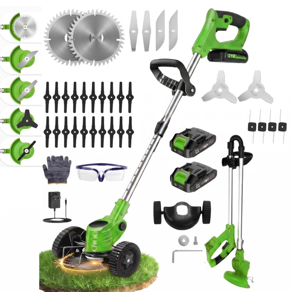 Foldable Cordless Garden Strimmers, Electric 21v Grass trimmer with 2 X 2000mAh Battery, Adjustable Metal Blades,Garden Trimmer Telescopic Lightweight, 1880W, for Gardens,Park — image 1