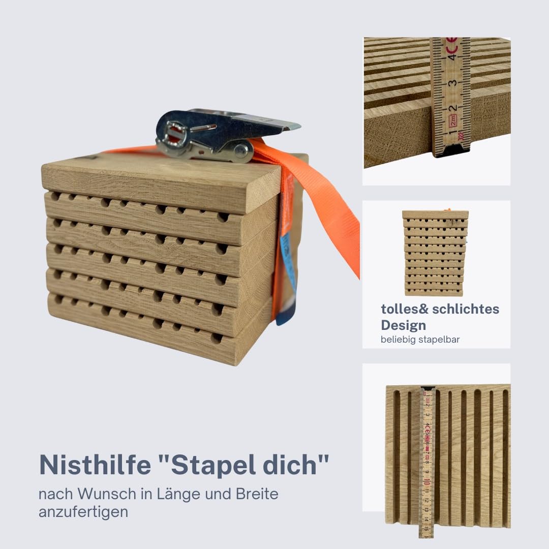 Nistblock für Wildbienen Eiche – Nachhaltige Nisthilfe aus gefrästen Bienenbrettchen – 10 Verschiedene Fräsrillen – Spanngurt inklusive – Insektenhotel für Wildbienen