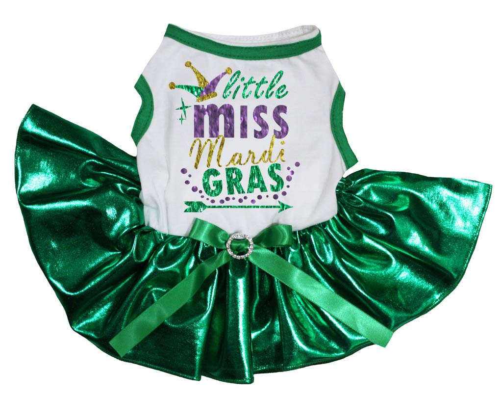 Petitebella Clown Little Miss Mardi Gras Puppy Dog Dress (White/Bling Green, Small)