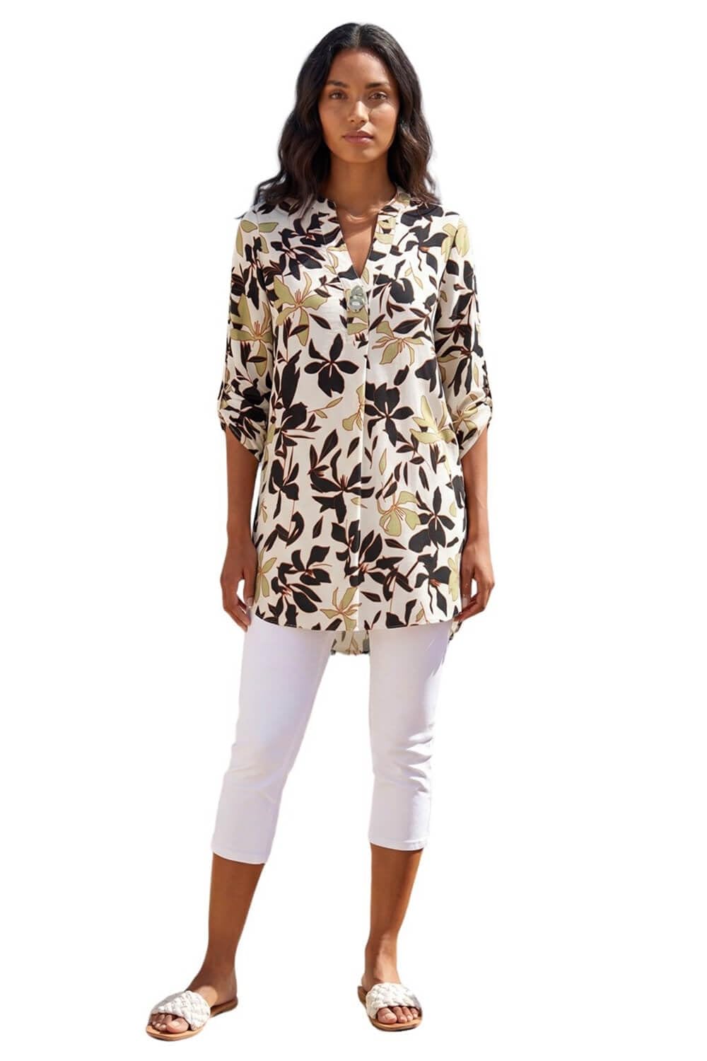 Roman Originals Women's Ivory Floral Shirt For Uk Longline Top Collarless Blouse Smart Tunic Casual Evening Relaxed Fit 3/4 Length Sleeve Notch V Neck Long - Size 14
