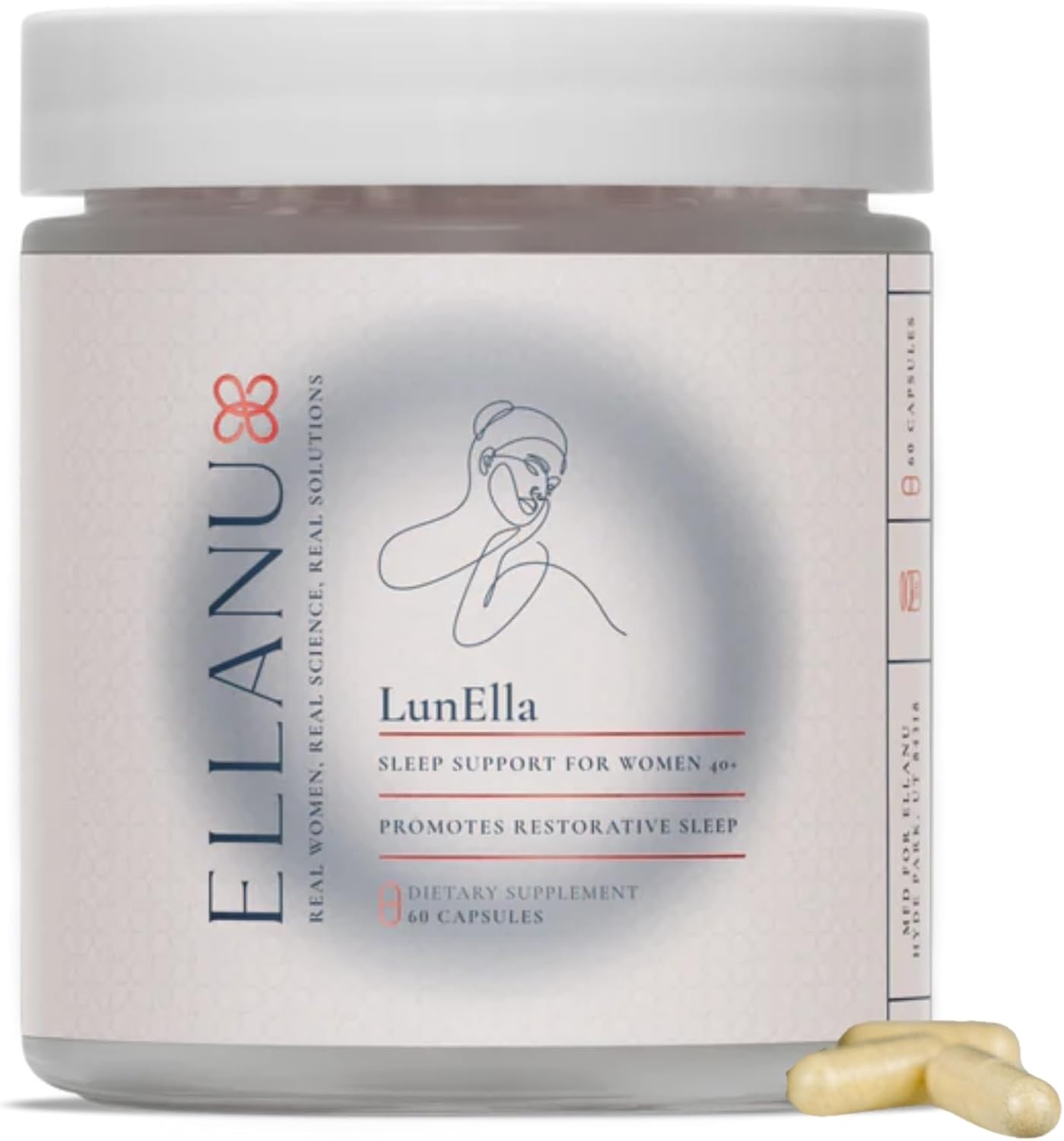 ELLANU LunElla Restful Support for Women 40+ | Supports Restfulness & Relaxation | Vegan, Gluten-Free, Non-Habit Forming Supplement | Levagen Pea & Saffron | 60 Capsules