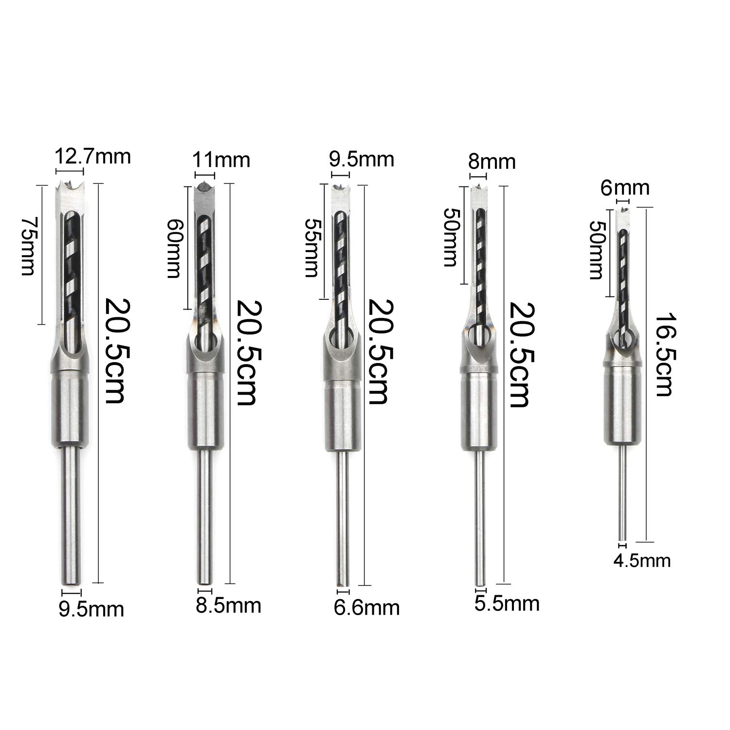 Juego de 5 brocas cuadradas para carpintería con brocas para madera con broca giratoria, 1/4 pulgadas, 5/16 pulgadas, 3/8 pulgadas, 7/16 pulgadas, 1/2 pulgadas