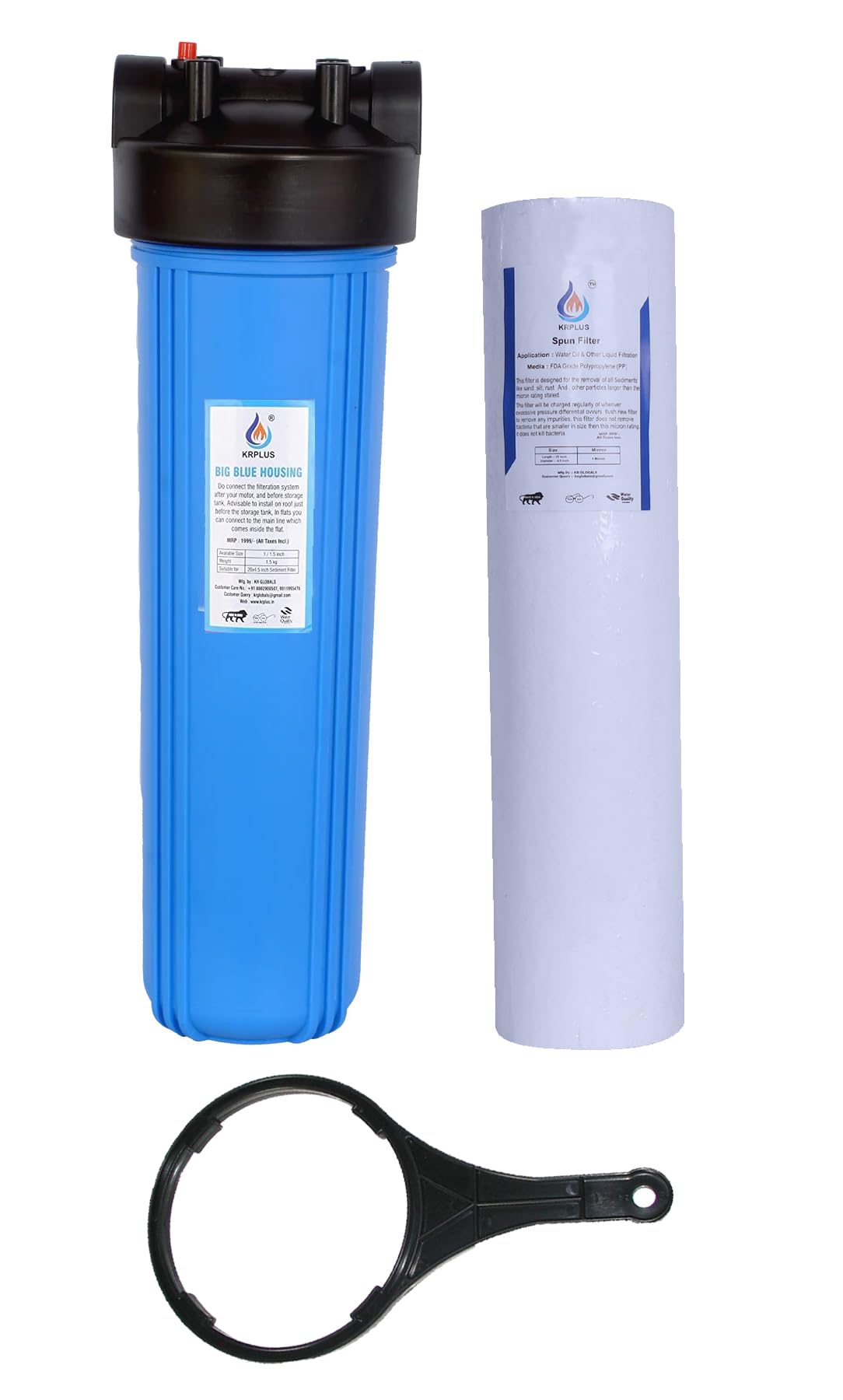 KRPLUS® 20 inch Fresh Virgin Material Jumbo Water Filter Housing with 5 Micron 20" x 4.5" Sediment Whole House Spun Filter Cartridges, Pre-Filtration System for Well and City Water, 1" NPT Port