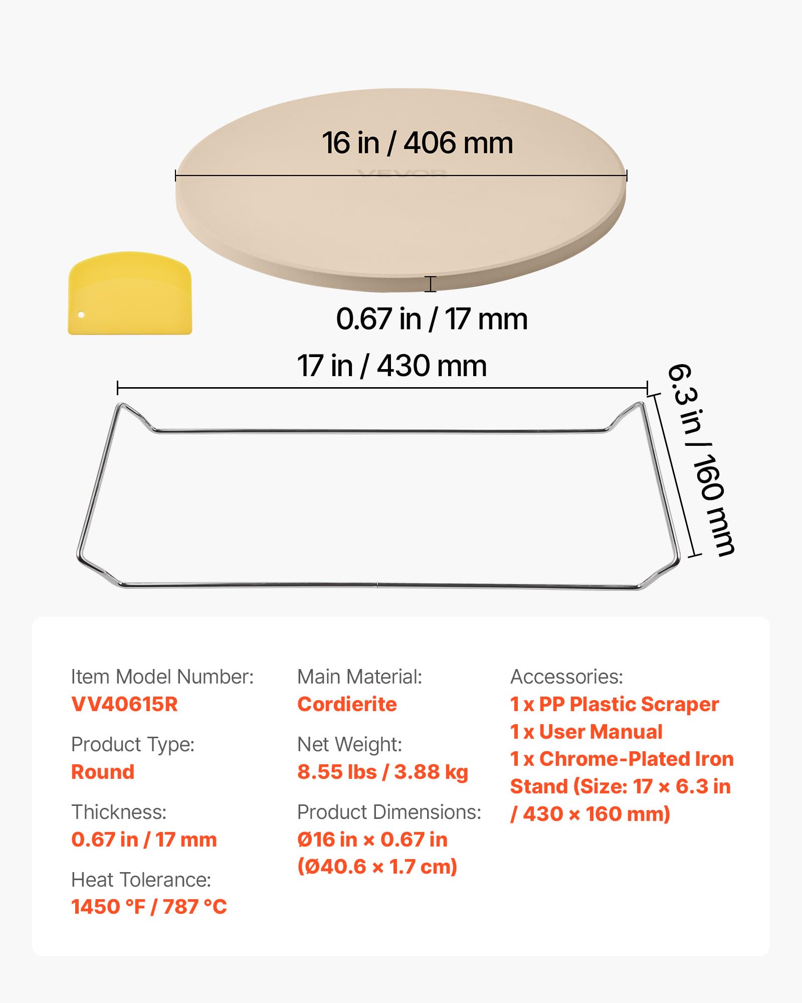 VEVOR Pierre à pizza ronde en cordiérite 40,6 cm, pierre de cuisson extra large avec support durable et grattoir PP, résistante à la chaleur, épaisseur 1,7 cm, pour four, cuisson du pain, barbecue