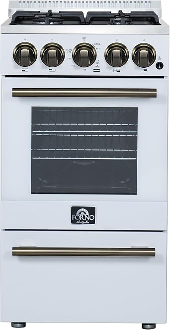 FORNO Lamazze 20" Freestanding Gas Range, 4 Sealed Burners 2.05 cu.ft. Oven White Finish with Antique Brass Hardware Space-Saving Design for Apartments and Small Kitchens