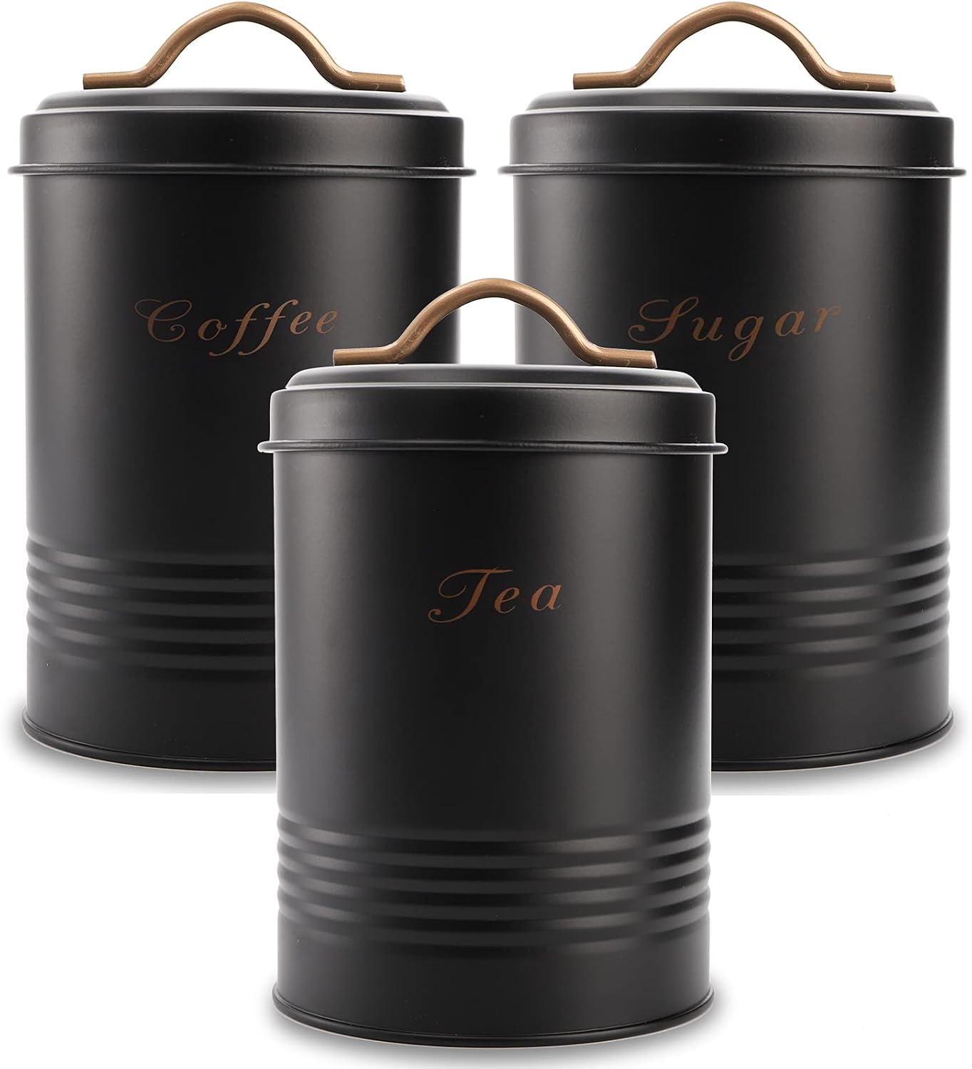 Fasmov 3 Pack Kitchen Canisters Set Tea Coffee Sugar Set Kitchen Bin Storage, lour Storage Containers, Farmhouse Kitchen Decor (Black)