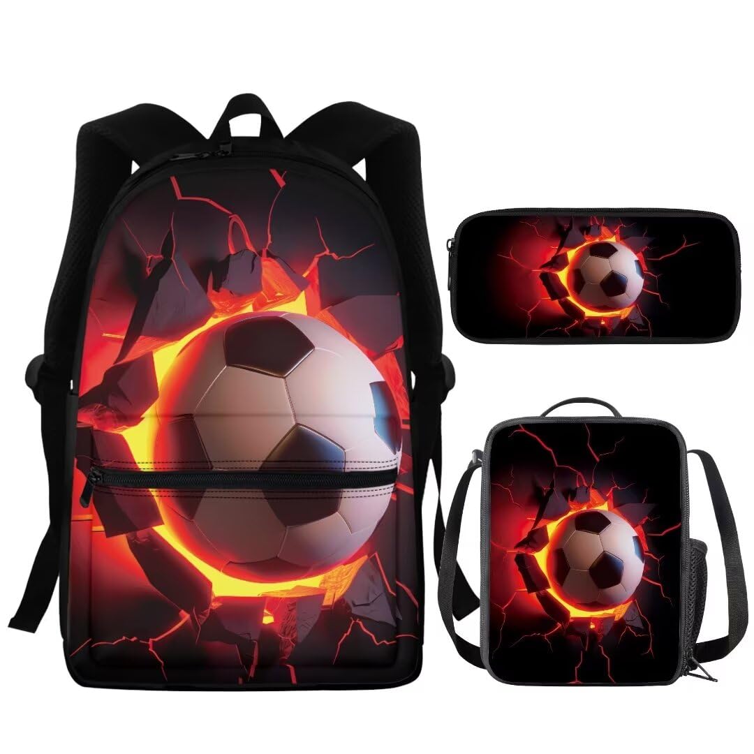 Coldinair Elementary Middle School Bag for Boys,Soccer Backpack Set with Pencil Case Portable Lunch Box Container for Kids,Teen College Students