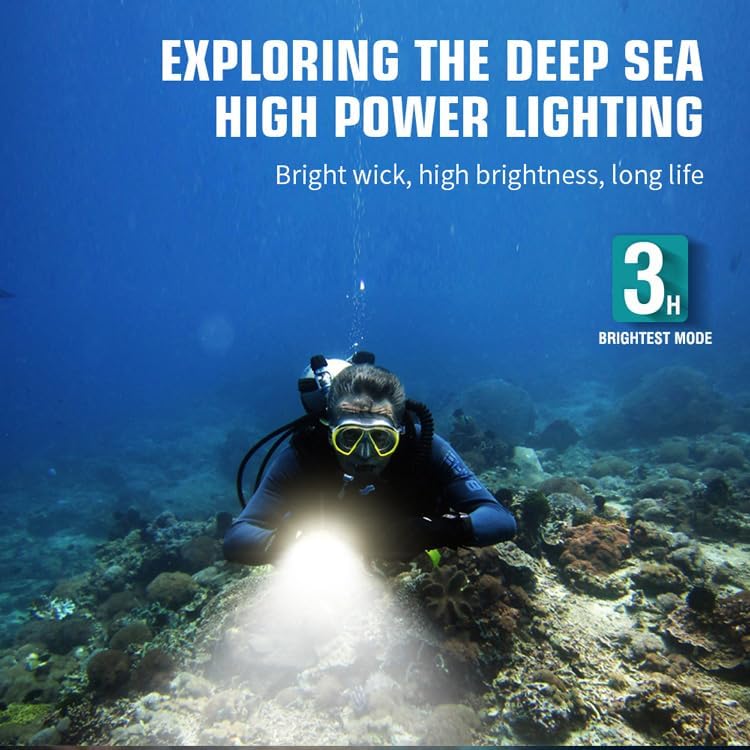Miniatura 8 de WINDFIRE Luz de buceo súper brillante de 5000 lúmenes, linterna de buceo subacuática con indicador de potencia, IPX8 impermeable, linterna de buceo