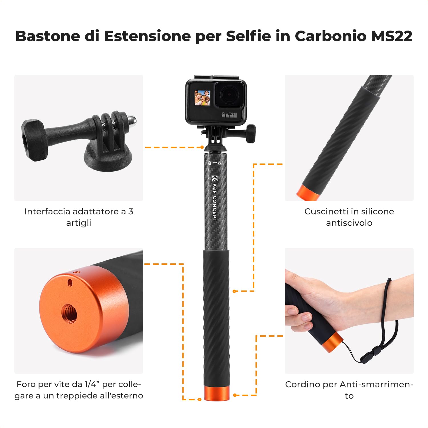 K&F Concept MS22 Selfie Stick, 127cm Bastone Selfie Invisibile in Carbonio, Monopiede Estensibile con Adattatore per Fotocamera Sportiva, Compatibile con GoPro Hero 13/12 Insta360 DJI Osmo Action