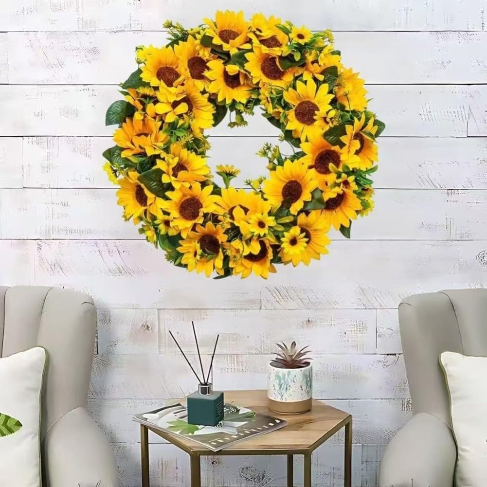 Ghirlanda di girasoli da appendere su porte e pareti o con classico design floreale finto per primavera, estate e autunno (40 cm)