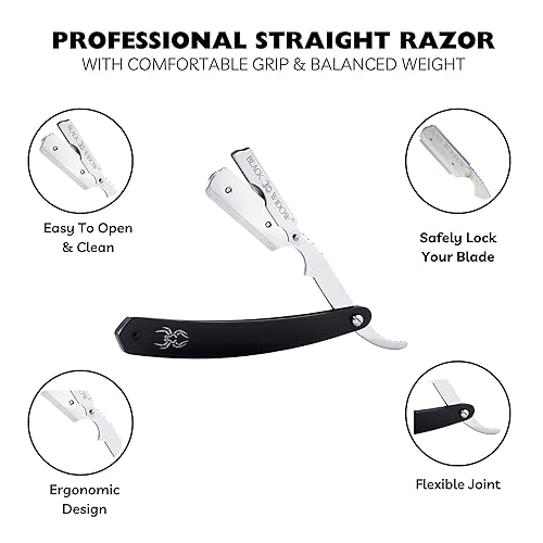 Miniatura 3 de Black Widow Kit profesional de afeitar de borde recto con 10 cuchillas, afeitadora de peluquería de acero inoxidable para afeitado de hombres,