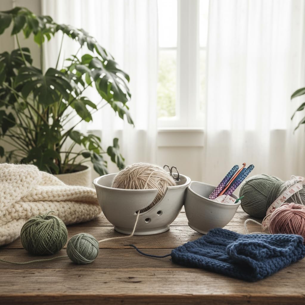Compartment Double Yarn Bowl Caddy for Knitting and Crochet with Scissor & Notion Storage in Teal Green and Blue Finish (Farmhouse White)