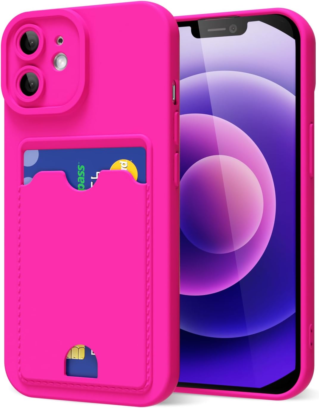 oakxco for iPhone 12 Mini Case with Card Holder, Cute Silicone Wallet Phone Case with Credit Card Slot, Soft Rubber Thin Slim Purse for Women Men with Shockproof Camera Cover Protection, Hot Pink