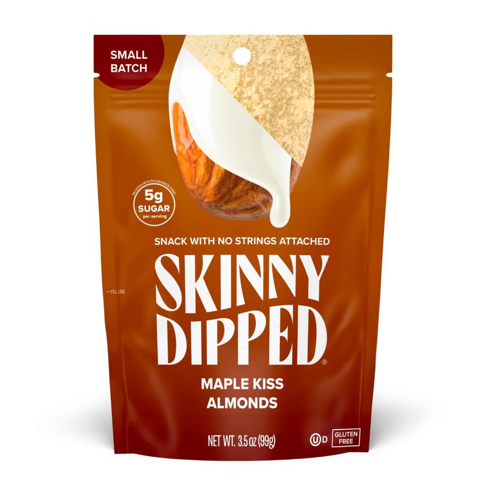 SkinnyDipped Maple Kiss Almonds, Healthy Snack, Plant Protein, Gluten Free, 3.5 oz Resealable Bags, Pack of 5, Seasonal Flavor