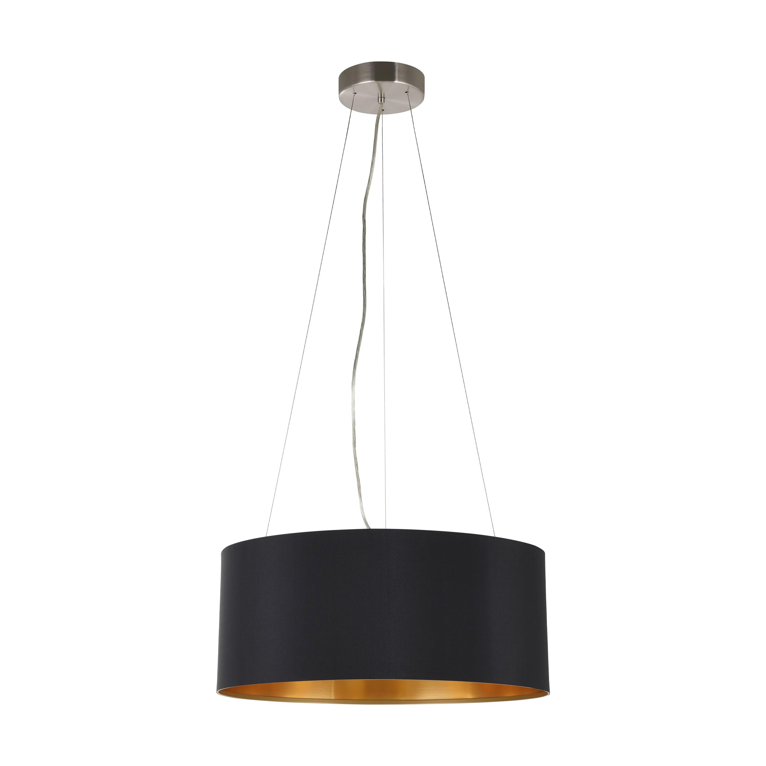 EGLO Pendellampe Maserlo, 3 flammige Textil Pendelleuchte | Hängeleuchte aus Stahl in Silber und Stoff in Schwarz und Gold, E27 Fassung, Ø 53 cm