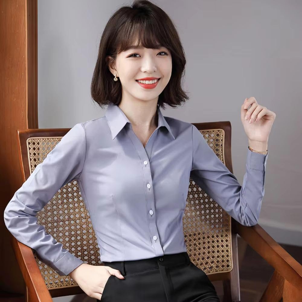 JYHBHMZG Mujer Elegante Camisa Primavera Manga Larga Temperamento Blusa de Gasa Formal Oficina Mujer Ropa de Trabajo Top