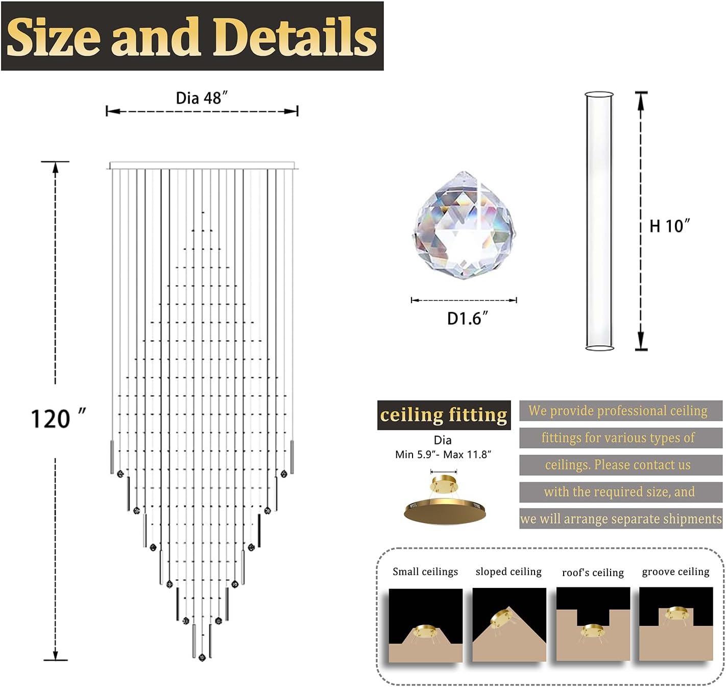 Flashing God D48''X H120''High Ceiling Chandelier Crystal Raindrop Gold Chandeliers Large Villa Chandelier Entrance Foyer Hight Ceiling Lighting LED Dimmable 2700K-4500K-6000K 24 LED Bulbs Include