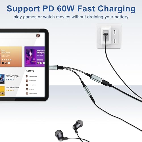 Miniatura 5 de Adaptador USB C a auriculares y cargador de 0.138 in, adaptador de audio USB C a auxiliar 2 en 1 para PD de 60 W, carga rápida para iPhone 15 Plus