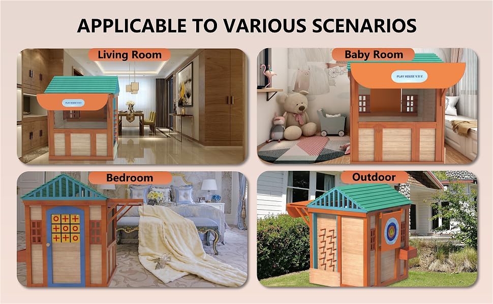 Miniatura 7 de Casa de juegos al aire libre para niños de 3 a 8 años, casa de juegos de madera con 4 ventanas de toldo de juegos, pared de bola y tetris. Casa de