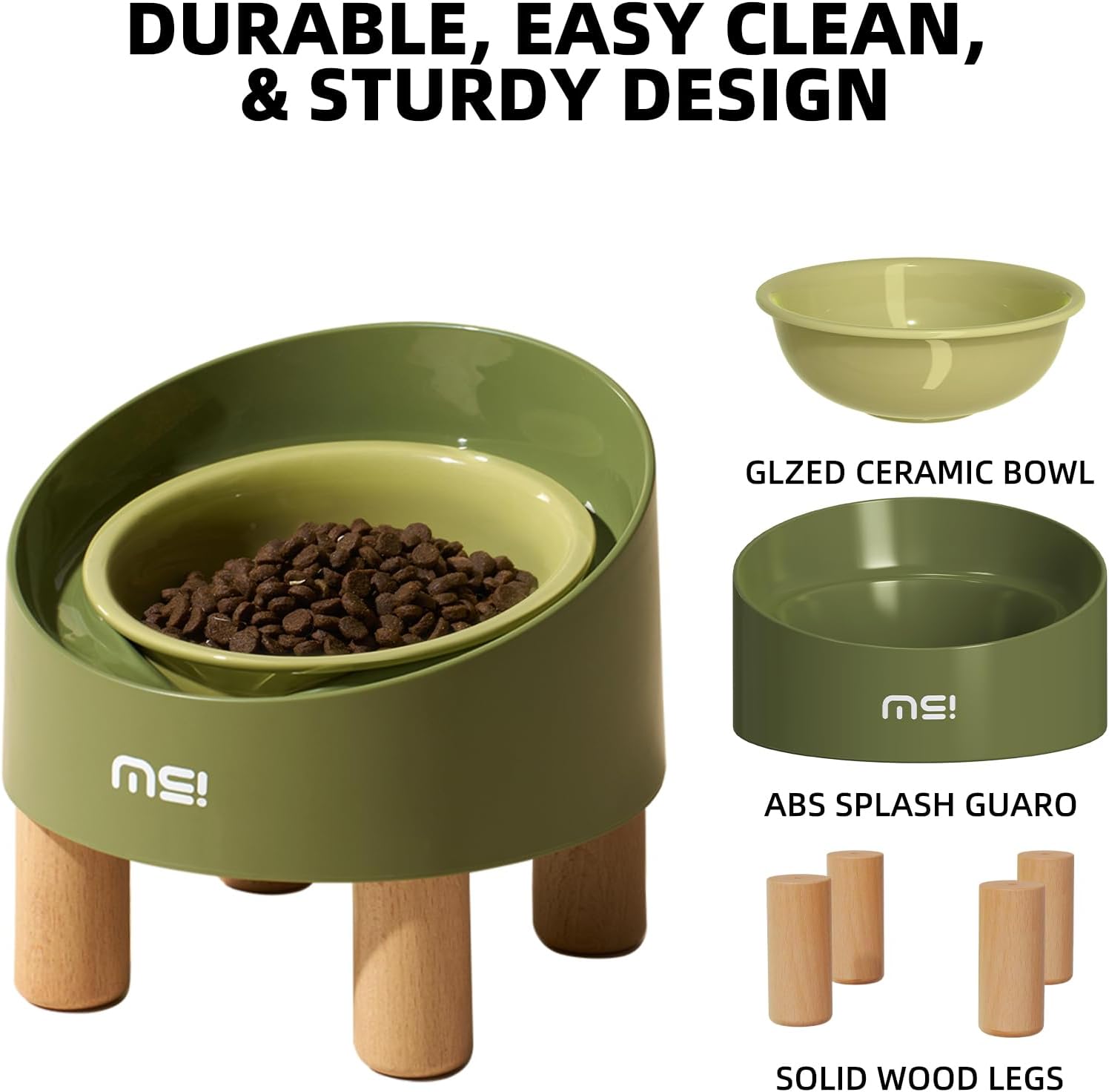 MS!MAKE SURE Cat Bowls, Adjustable Elevated Ceramic Cat Bowls with Anti-Slip Rubber Pad, Splash Guard, Lead & Cadmium Free, Whisker Friendly, for Puppies & Cats - 5.1 Wide, 295ML (10 oz), Green