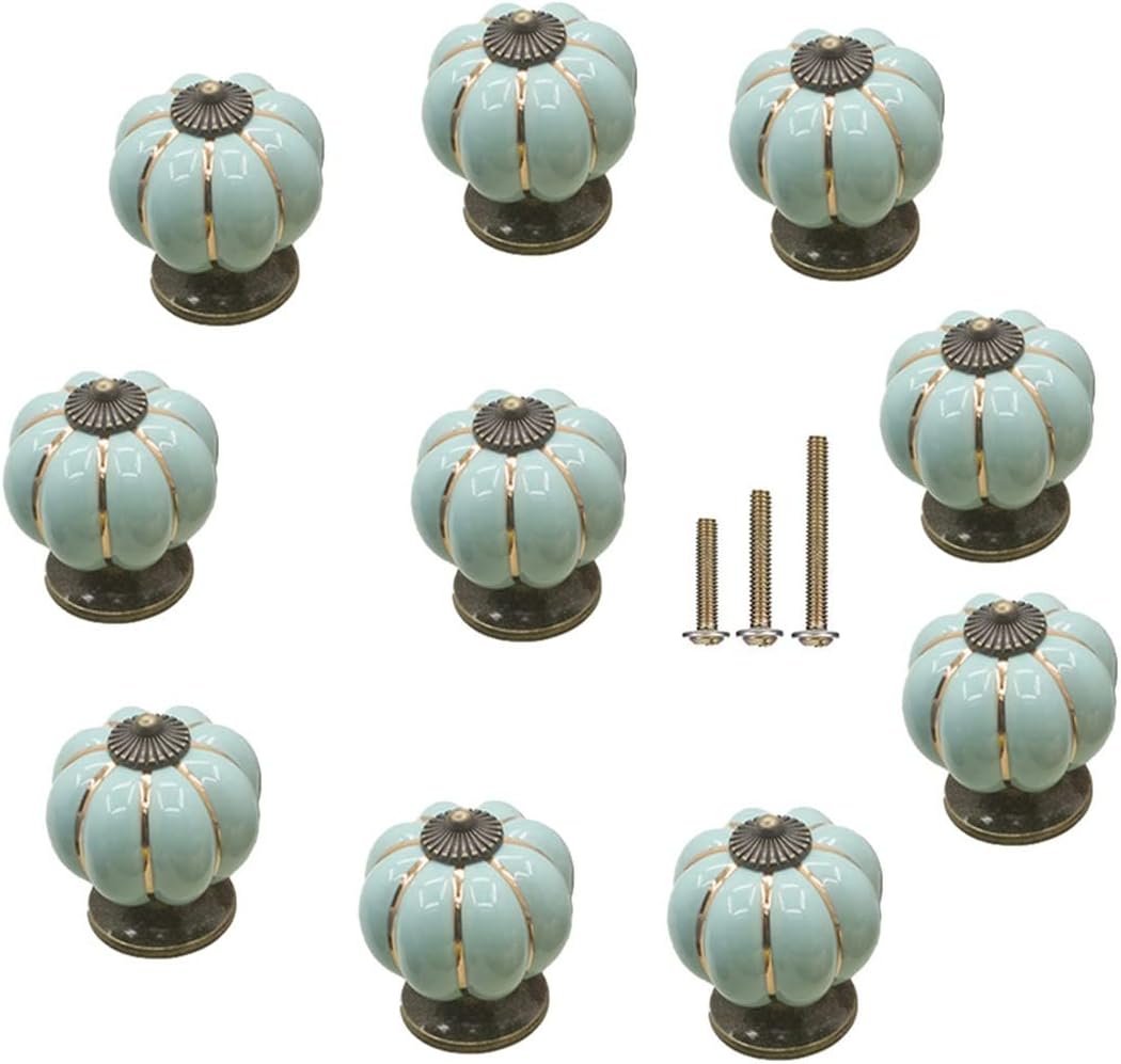 10 Pcs Vintage Ceramic Pumpkin Cabinet Knobs, Drawer Dresser Door Knobs Pulls Handles with Screws for Kitchen, Cabinets, Cupboard, Bathroom,Wardrobe Closet(Sky Blue)