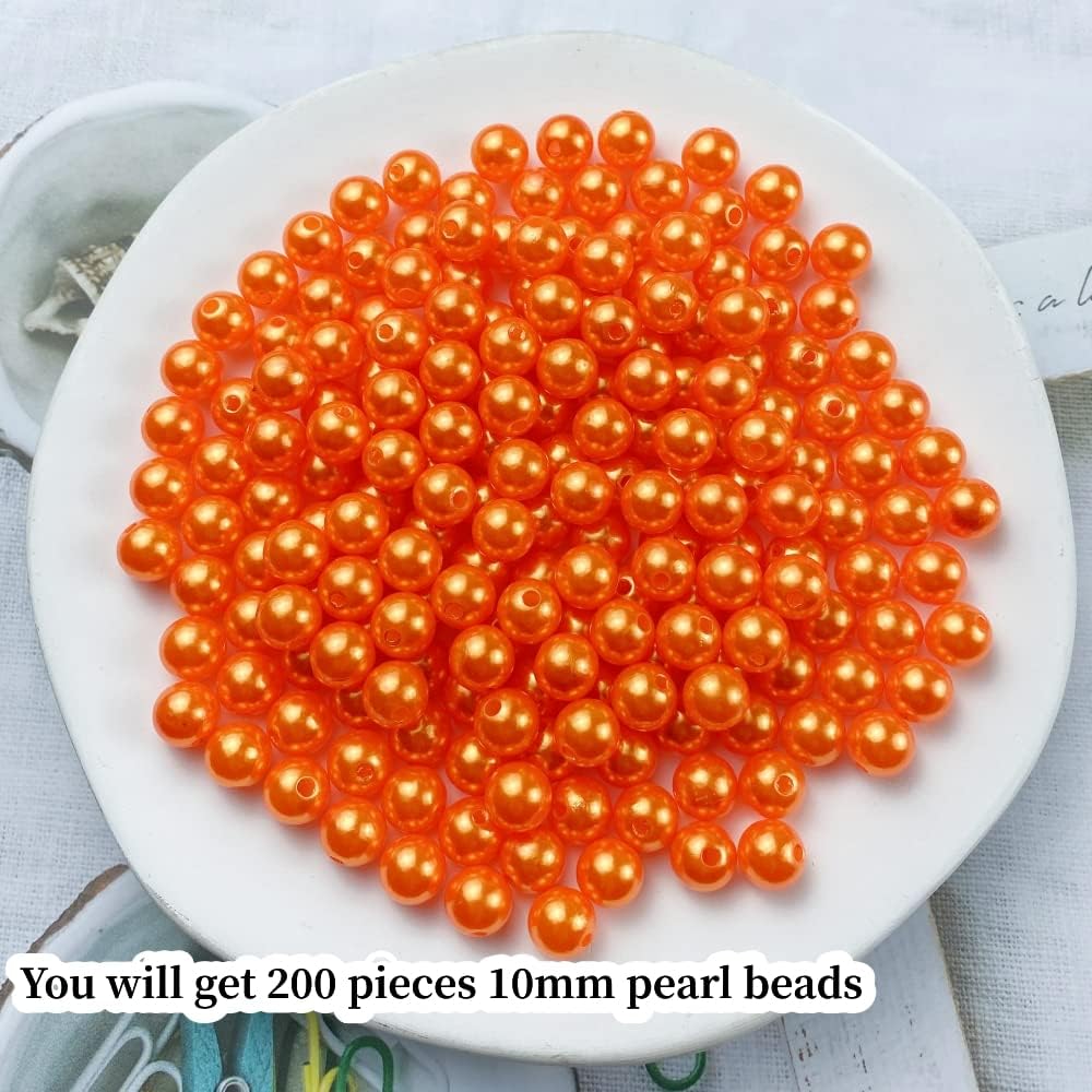 200pcs Pearl Beads 10mm Pearl Craft Beads Smooth Round Loose Pearls with Holes for Bracelet Necklace Earring Jewelry Making Sewing Crafts Home Decoration Vase Filler (Dark Orange) - Image 2